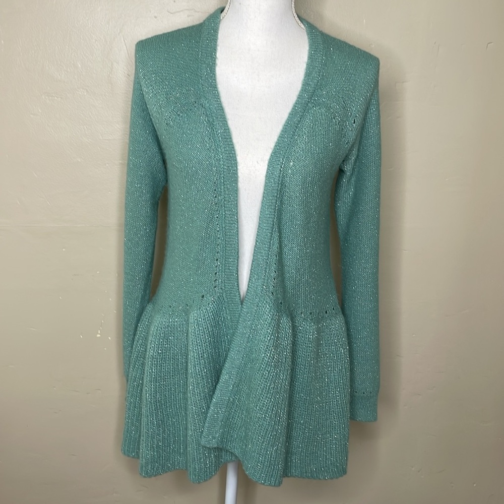ELLE Cardigan Sweater Green Silver Fleck Ribbed Ruffle Hem Open Front